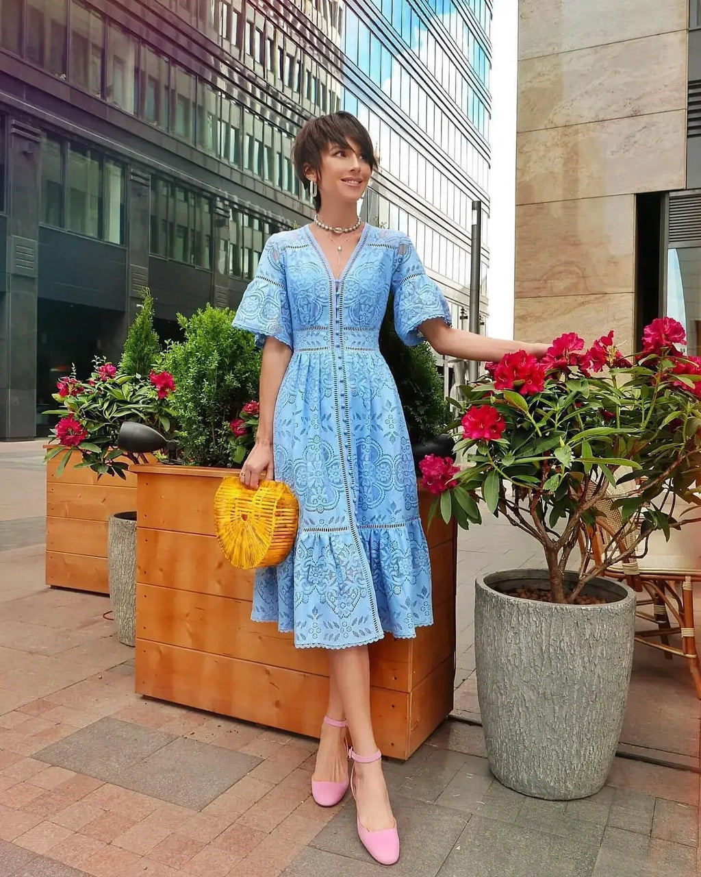 Lace Eyelet V-Neck Button Front Bell Sleeve Tiered Scalloped Hem Midi Dress