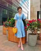 Lace Eyelet V-Neck Button Front Bell Sleeve Tiered Scalloped Hem Midi Dress