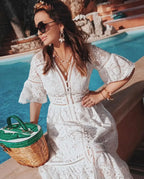 Lace Eyelet V-Neck Button Front Bell Sleeve Tiered Scalloped Hem Midi Dress
