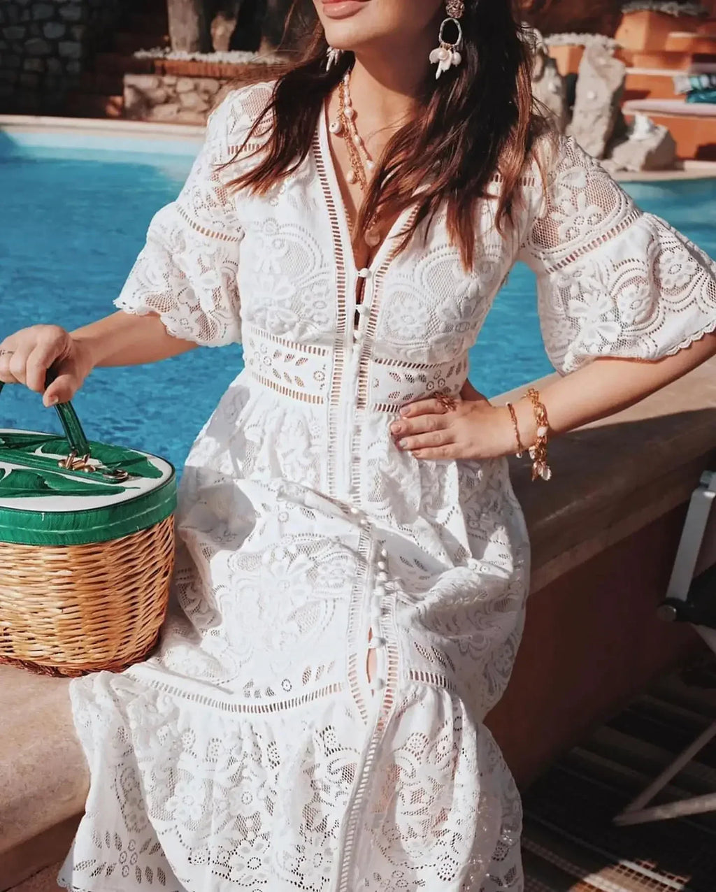 Lace Eyelet V-Neck Button Front Bell Sleeve Tiered Scalloped Hem Midi Dress