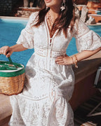 Lace Eyelet V-Neck Button Front Bell Sleeve Tiered Scalloped Hem Midi Dress