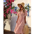 Lace Eyelet V-Neck Button Front Bell Sleeve Tiered Scalloped Hem Midi Dress