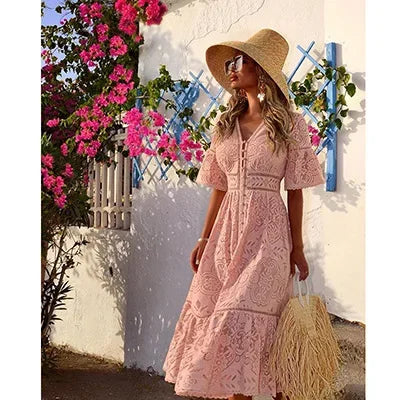 Lace Eyelet V-Neck Button Front Bell Sleeve Tiered Scalloped Hem Midi Dress