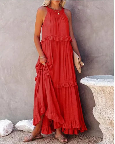 Halter Neck Tiered Ruffle High Low Flowy Maxi Dress
