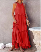 Halter Neck Tiered Ruffle High Low Flowy Maxi Dress