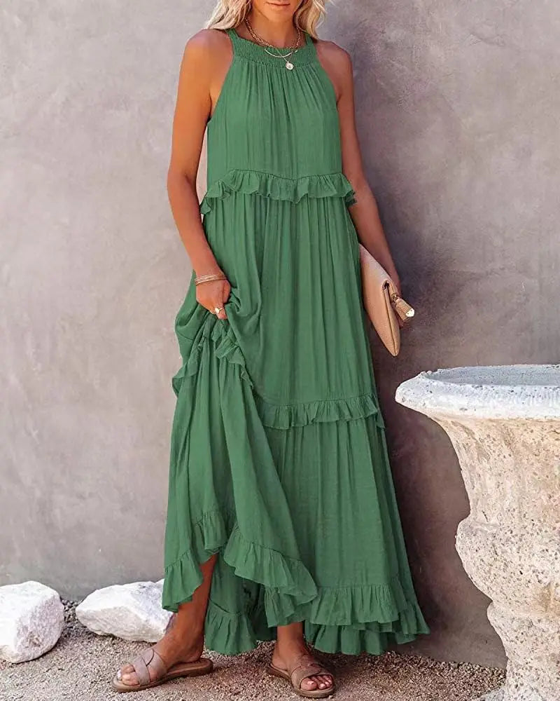 Halter Neck Tiered Ruffle High Low Flowy Maxi Dress