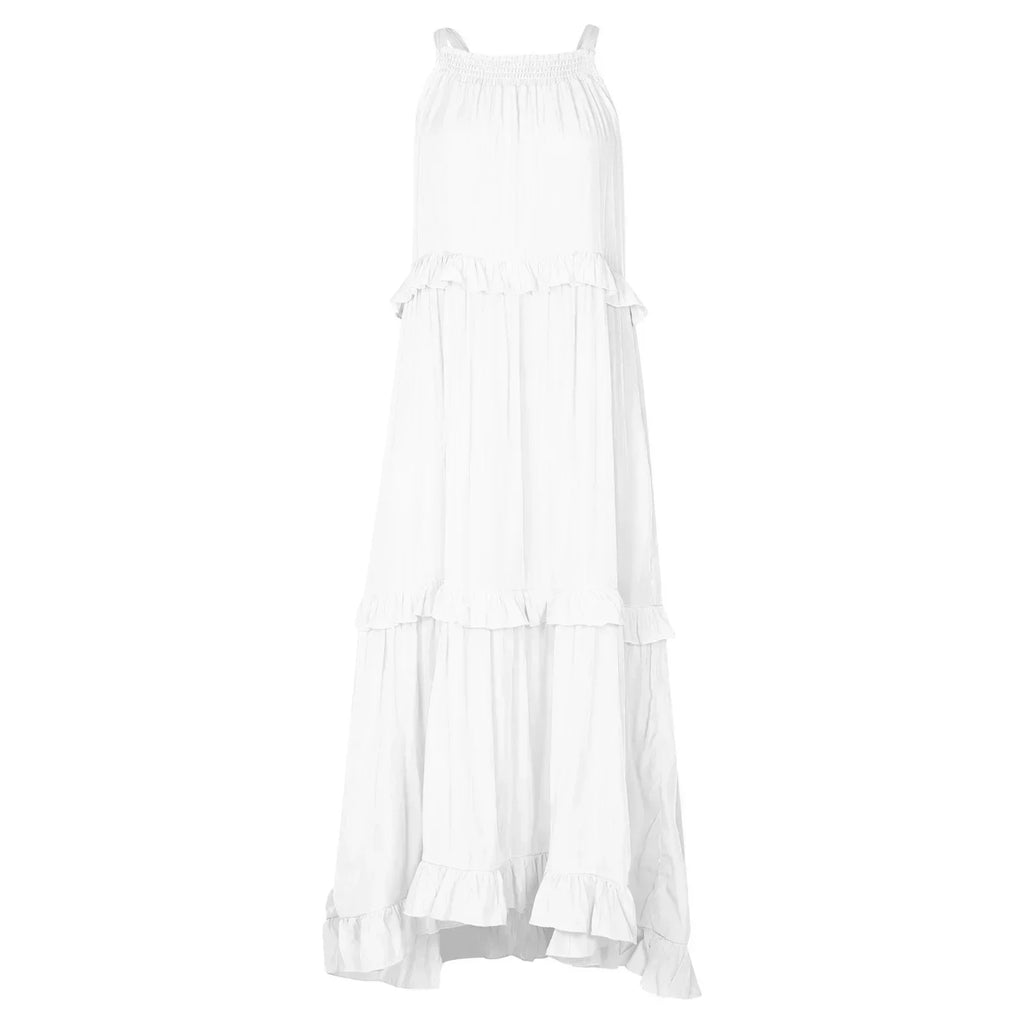 Halter Neck Tiered Ruffle High Low Flowy Maxi Dress