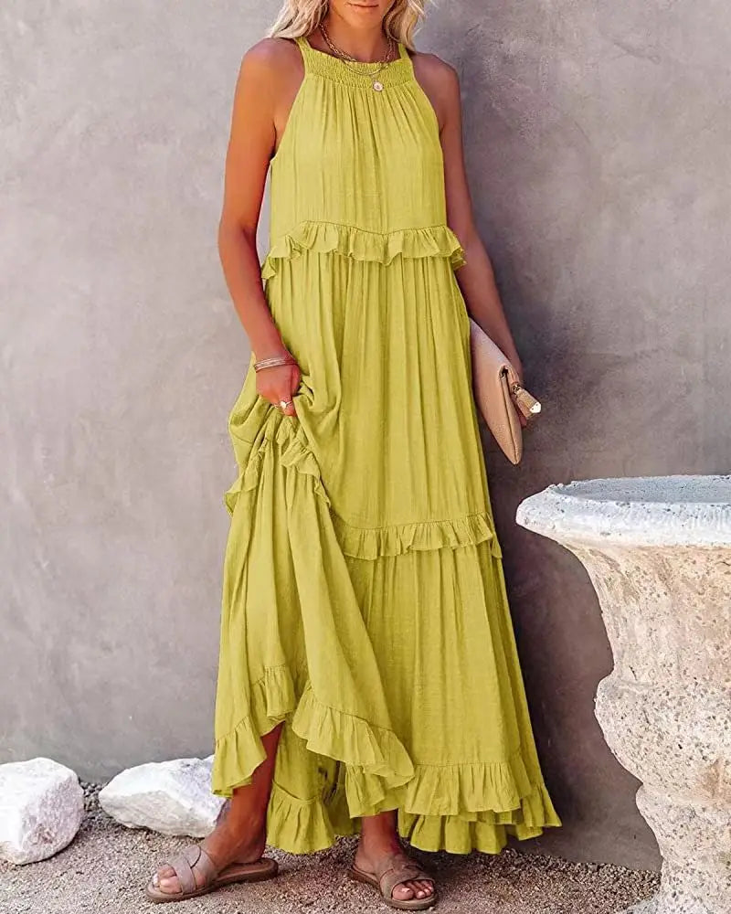 Halter Neck Tiered Ruffle High Low Flowy Maxi Dress