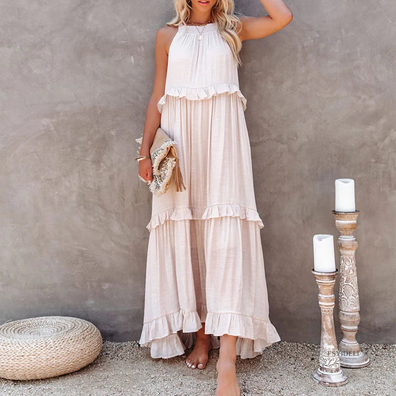 Halter Neck Tiered Ruffle High Low Flowy Maxi Dress
