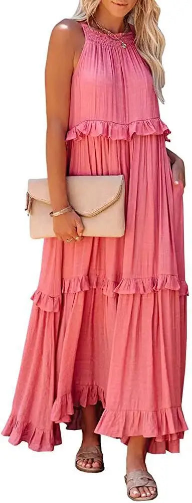 Halter Neck Tiered Ruffle High Low Flowy Maxi Dress