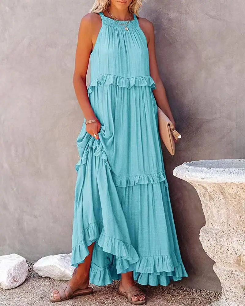 Halter Neck Tiered Ruffle High Low Flowy Maxi Dress