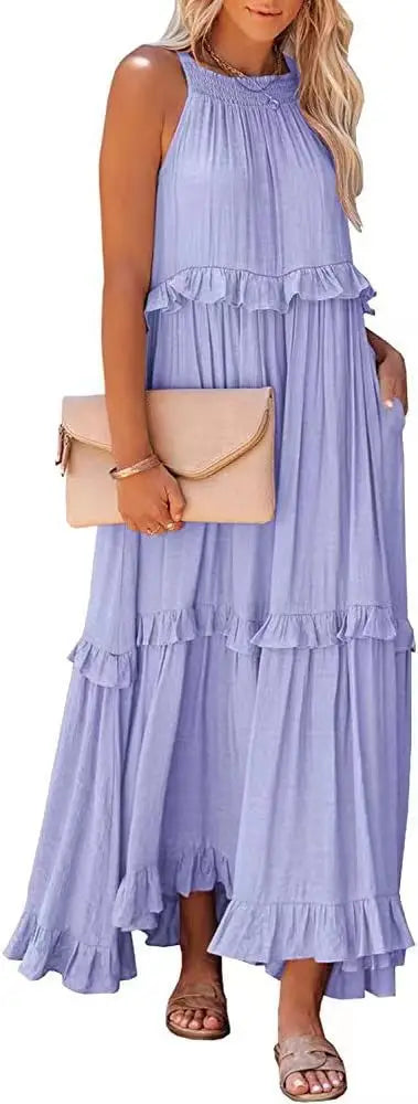 Halter Neck Tiered Ruffle High Low Flowy Maxi Dress