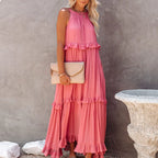 Halter Neck Tiered Ruffle High Low Flowy Maxi Dress