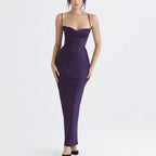 Cowl Neck Spaghetti Strap Corset Boning Satin Maxi Dress