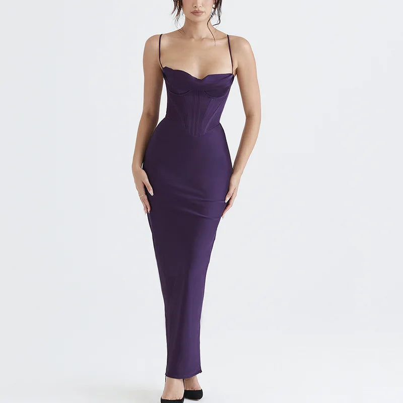 Cowl Neck Spaghetti Strap Corset Boning Satin Maxi Dress