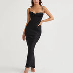 Cowl Neck Spaghetti Strap Corset Boning Satin Maxi Dress