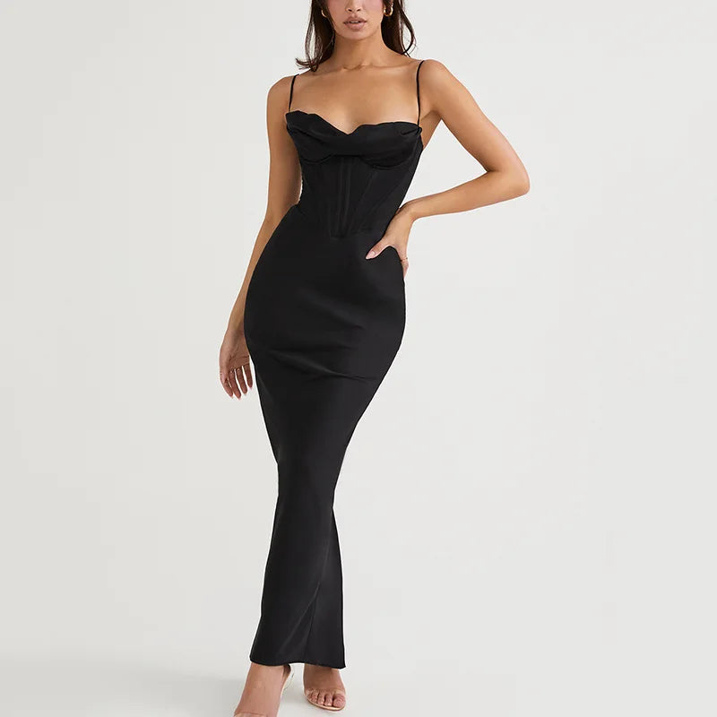 Cowl Neck Spaghetti Strap Corset Boning Satin Maxi Dress