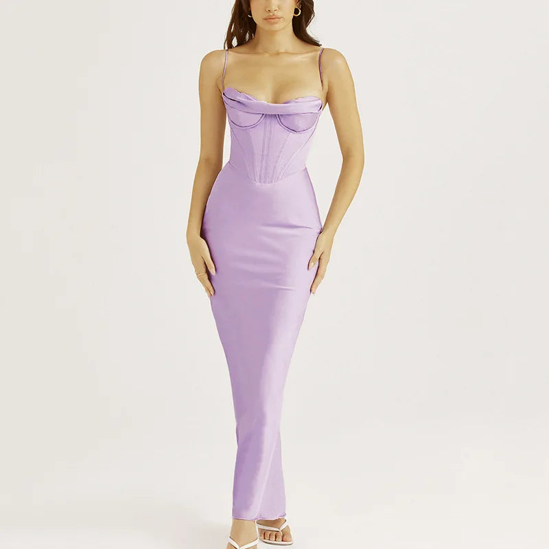 Cowl Neck Spaghetti Strap Corset Boning Satin Maxi Dress