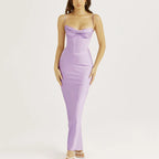 Cowl Neck Spaghetti Strap Corset Boning Satin Maxi Dress