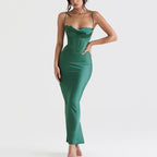 Cowl Neck Spaghetti Strap Corset Boning Satin Maxi Dress