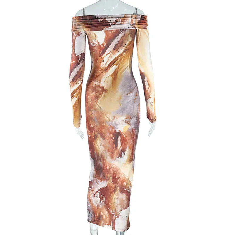 Abstract Marble Print Off Shoulder Long Sleeve Bodycon Midi Dress