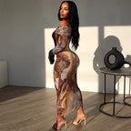 Marble Print Off Shoulder Long Sleeve Bodycon Maxi Dress