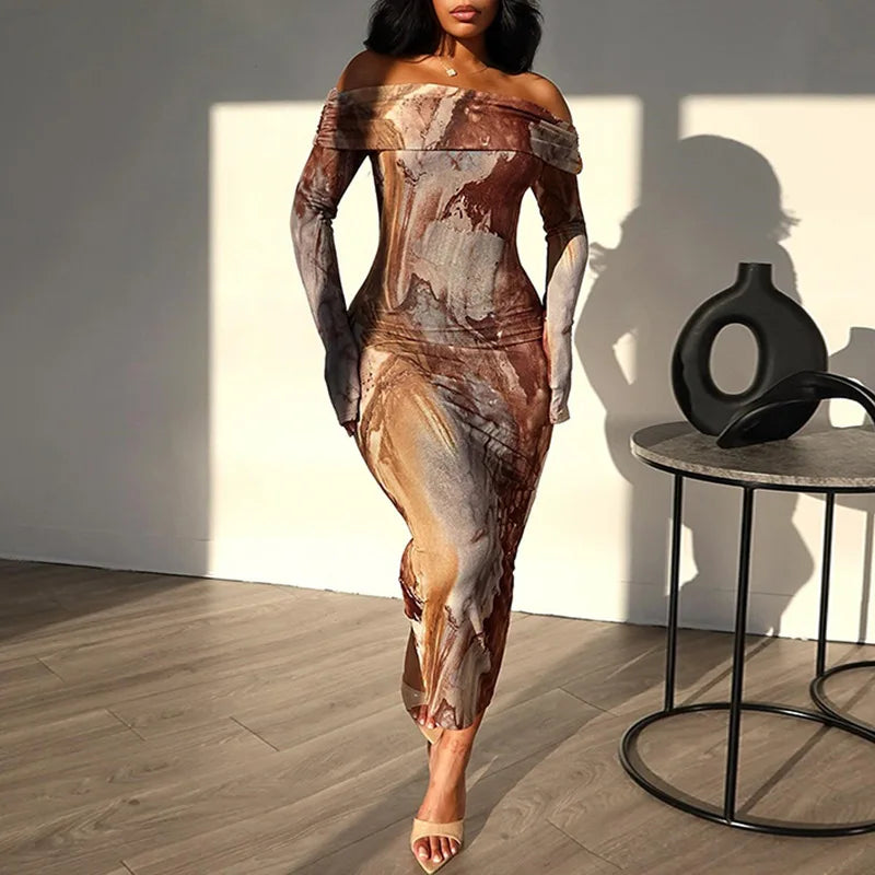 Marble Print Off Shoulder Long Sleeve Bodycon Maxi Dress