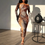 Marble Print Off Shoulder Long Sleeve Bodycon Maxi Dress