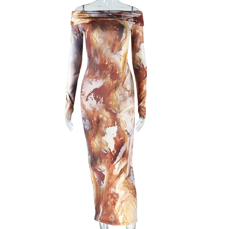 Abstract Marble Print Off Shoulder Long Sleeve Bodycon Midi Dress
