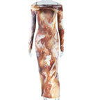 Abstract Marble Print Off Shoulder Long Sleeve Bodycon Midi Dress