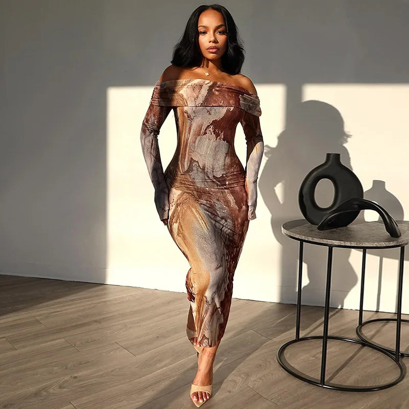 Marble Print Off Shoulder Long Sleeve Bodycon Maxi Dress