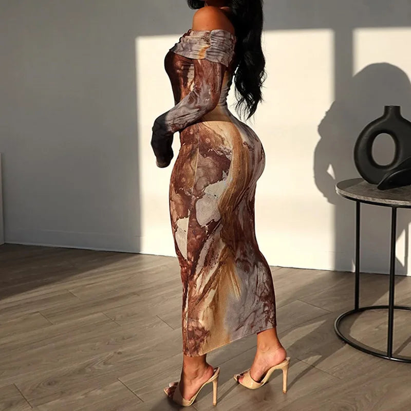 Marble Print Off Shoulder Long Sleeve Bodycon Maxi Dress