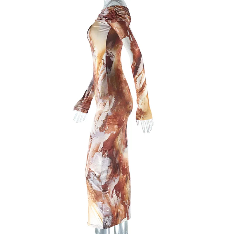 Abstract Marble Print Off Shoulder Long Sleeve Bodycon Midi Dress