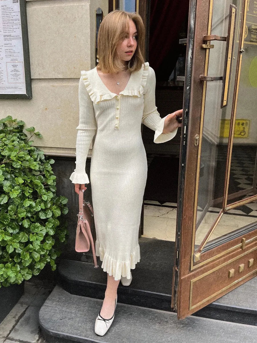 Rib Knit Peter Pan Collar Button Front Ruffle Cuff Midi Dress