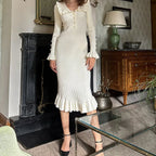 Ribbed Knit Peter Pan Collar Button Front Ruffle Hem Midi Dress