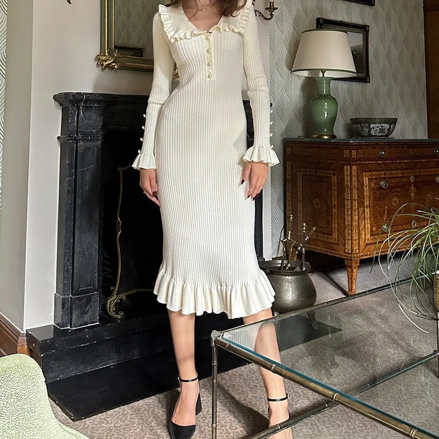 Ribbed Knit Peter Pan Collar Button Front Ruffle Hem Midi Dress