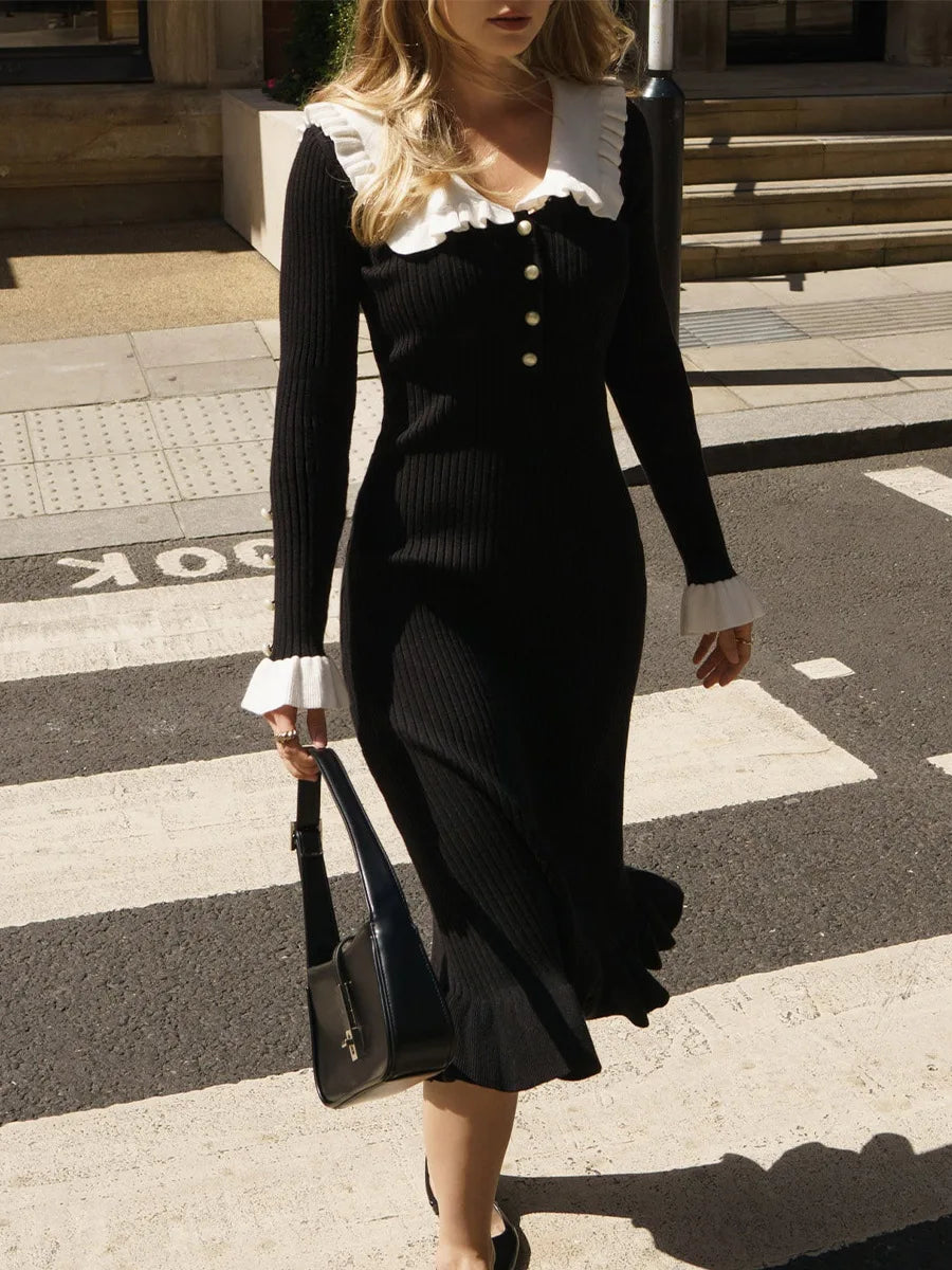 Rib Knit Peter Pan Collar Button Front Ruffle Cuff Midi Dress