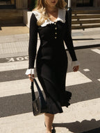 Rib Knit Peter Pan Collar Button Front Ruffle Cuff Midi Dress