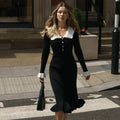 Rib Knit Peter Pan Collar Button Front Ruffle Cuff Midi Dress