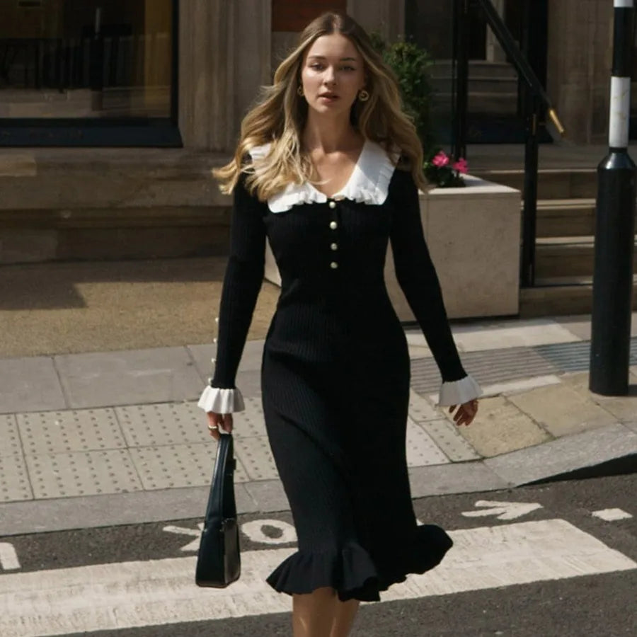 Rib Knit Peter Pan Collar Button Front Ruffle Cuff Midi Dress
