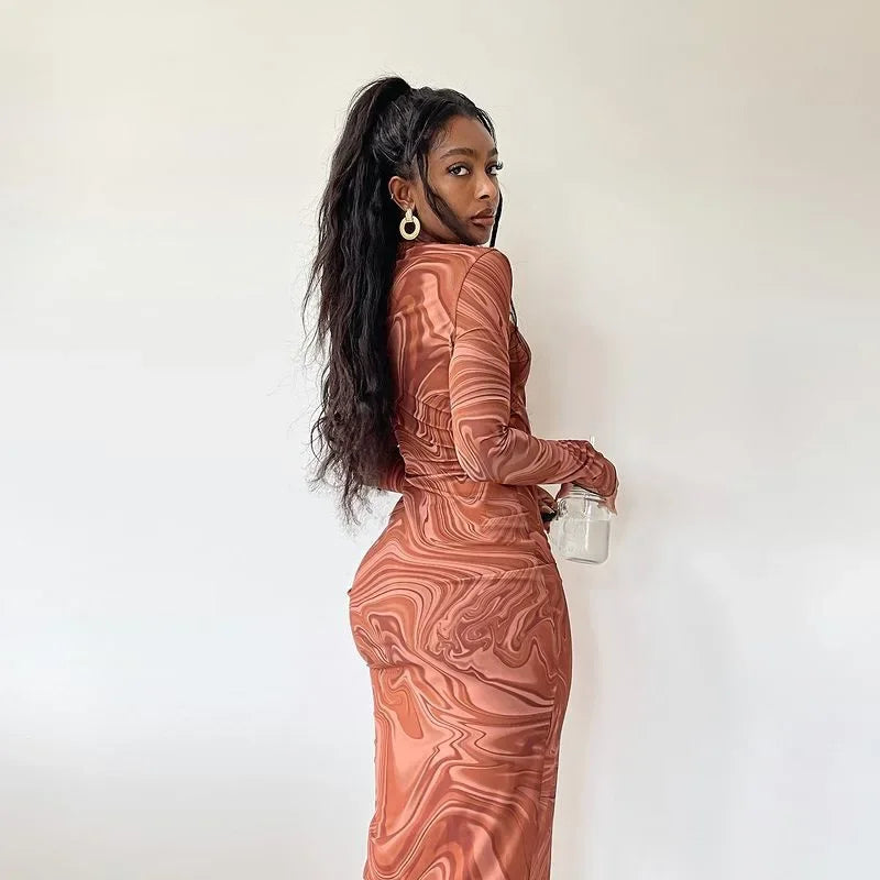 Marble Swirl Print Crew Neck Long Sleeve Bodycon Midi Dress