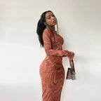 Marble Swirl Print Crew Neck Long Sleeve Bodycon Midi Dress