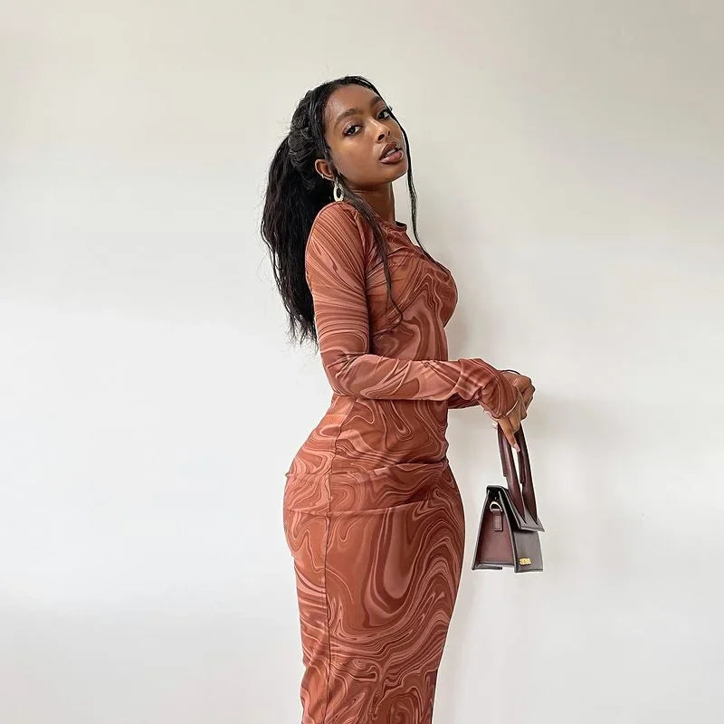 Marble Swirl Print Crew Neck Long Sleeve Bodycon Midi Dress