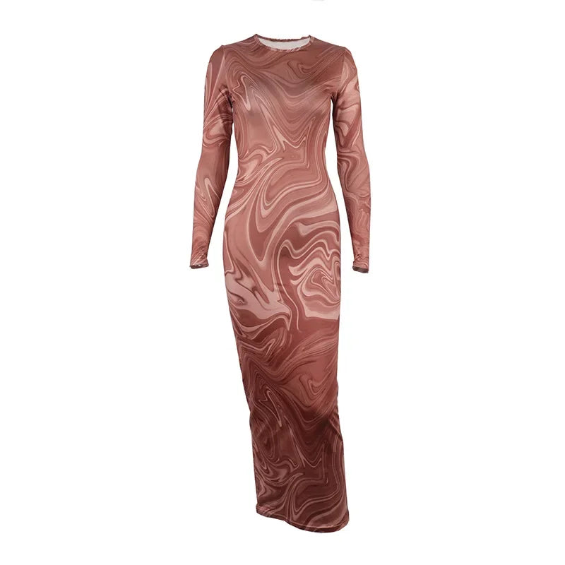 Abstract Marble Print Long Sleeve Crew Neck High Waist Skirt Set
