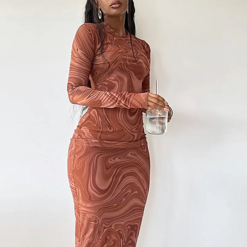 Marble Swirl Print Crew Neck Long Sleeve Bodycon Midi Dress