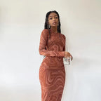 Marble Swirl Print Crew Neck Long Sleeve Bodycon Midi Dress