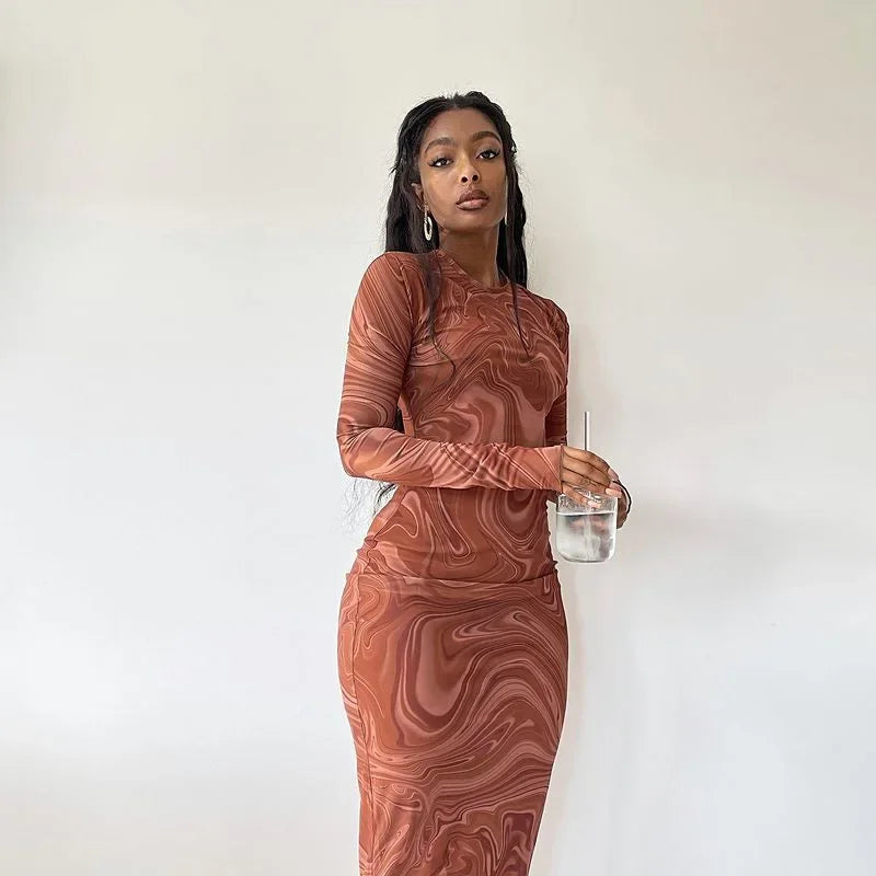 Marble Swirl Print Crew Neck Long Sleeve Bodycon Midi Dress