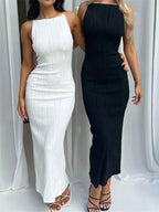 High Neck Crinkle Texture Side Slit Bodycon Maxi Dress
