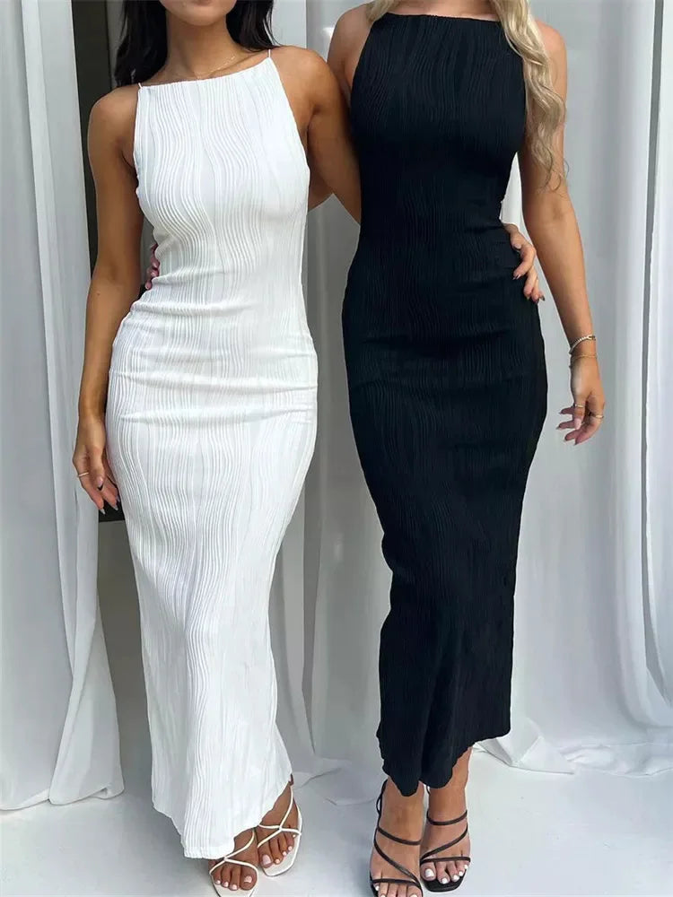 High Neck Crinkle Texture Side Slit Bodycon Maxi Dress