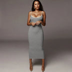 Ribbed Knit Spaghetti Strap Contrast Trim Scoop Neck Midi Dress